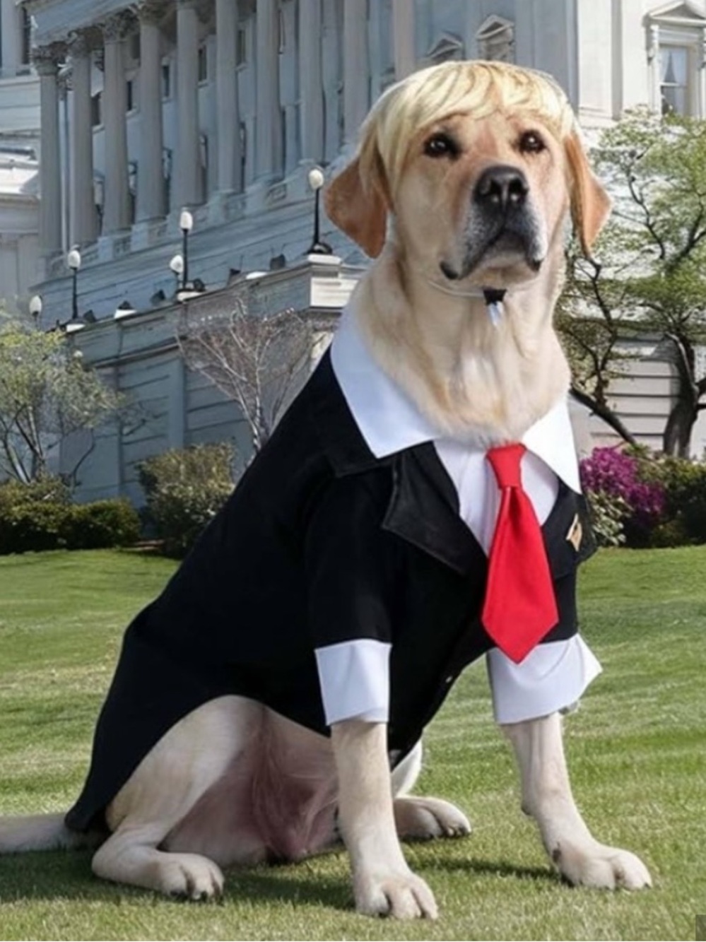 President Trump Dog Costume with Red Tie